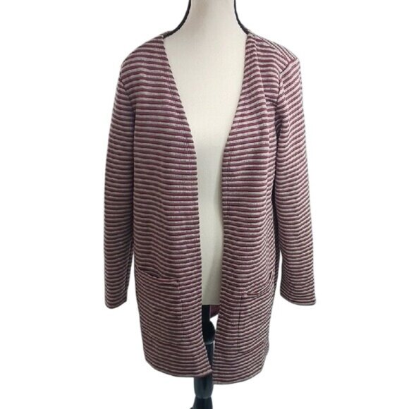 Christopher & Banks Open Front Cardigan Womens M Petite Maroon Striped Classic - Picture 1 of 9